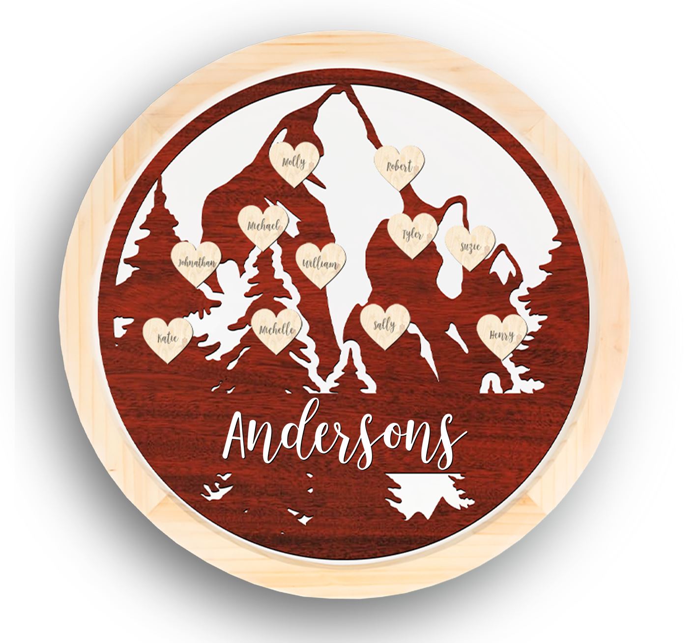 Hanging Family Tree Sign, Mountain Scenery, 15 1-1/4in x 15 1-1/4in Wood Sign Craftworks NW Red Up to 10 