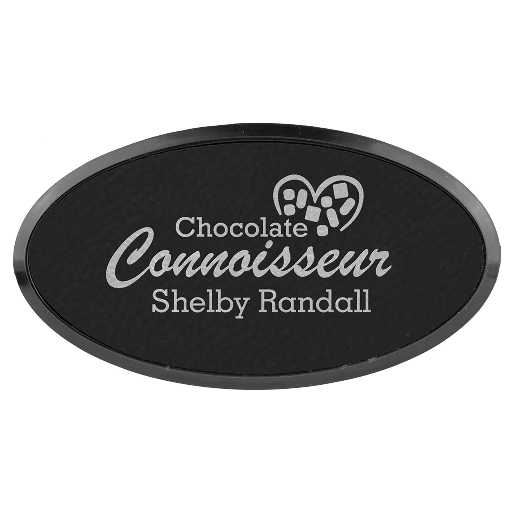 Oval Badge w/Frame, Laserable Leatherette 3 1/2" x 1 1/2" Name Badge Craftworks NW Black/Silver 