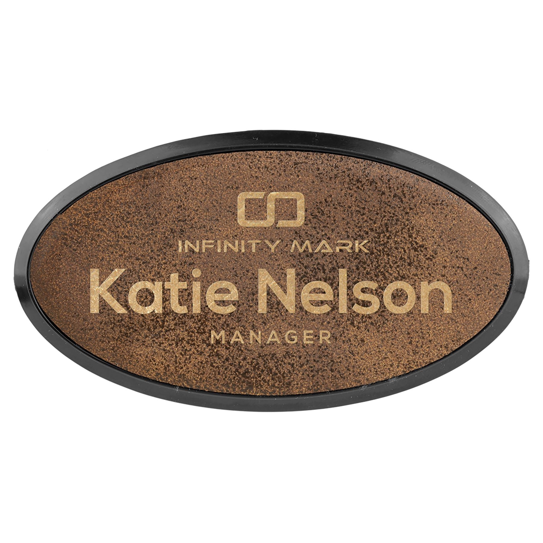 Oval Badge w/Frame, Laserable Leatherette 3 1/2" x 1 1/2" Name Badge Craftworks NW Rustic/Gold 
