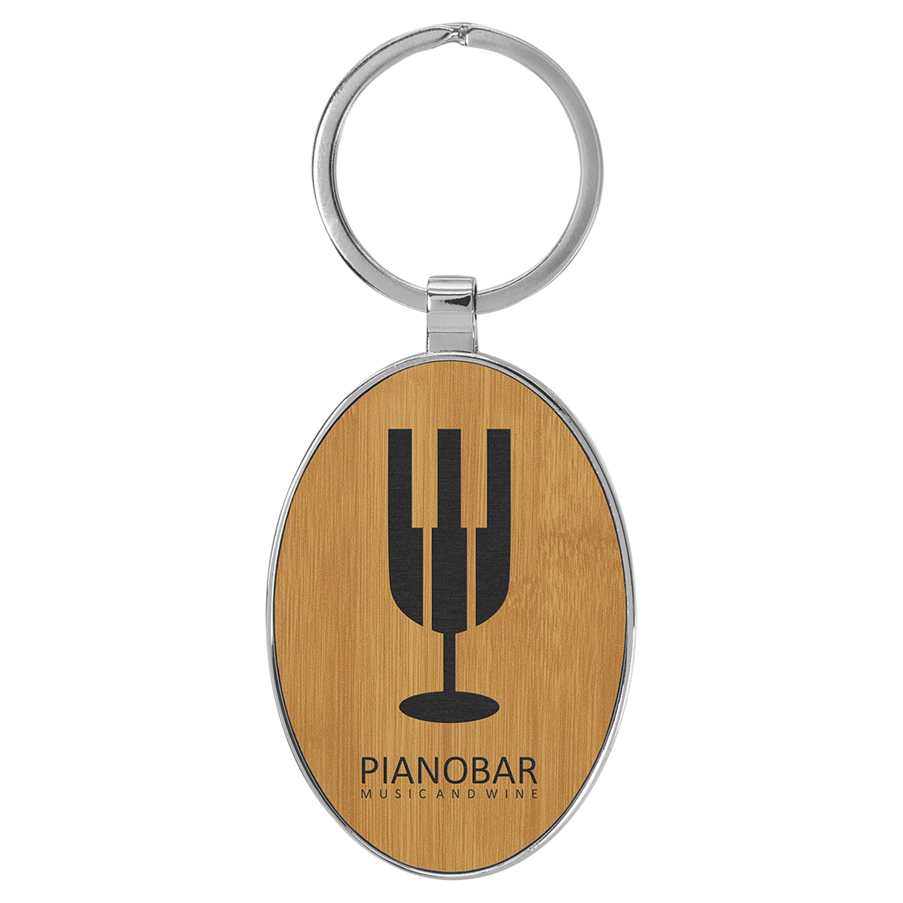 Oval Shaped Metal Keychain w/Leatherette, 3" x 1 3/4", Laser Engraved Keychain Craftworks NW Bamboo/Black 1-Side 