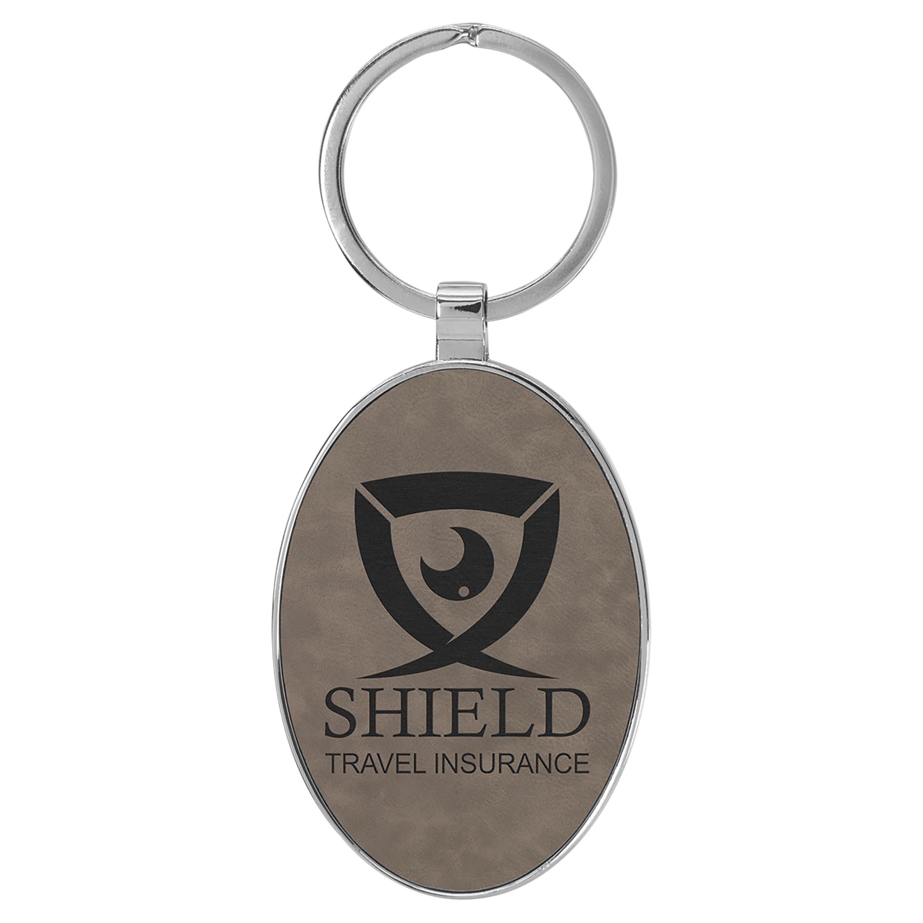 Oval Shaped Metal Keychain w/Leatherette, 3" x 1 3/4", Laser Engraved Keychain Craftworks NW Gray/Black 1-Side 