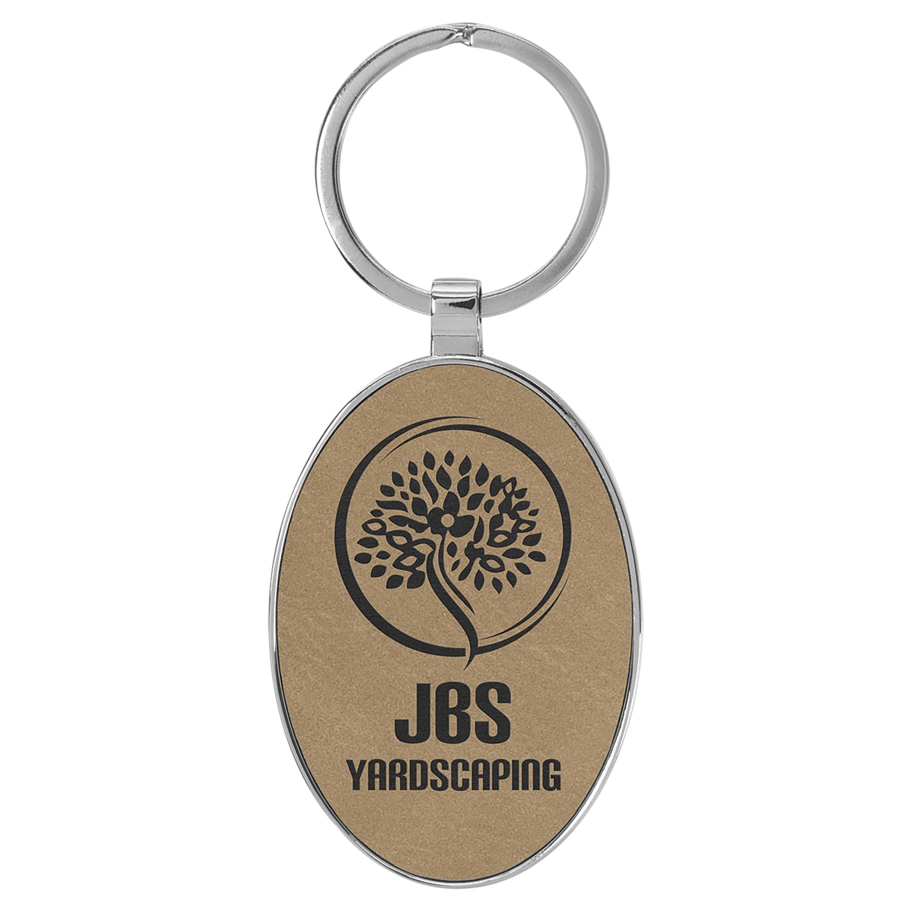 Oval Shaped Metal Keychain w/Leatherette, 3" x 1 3/4", Laser Engraved Keychain Craftworks NW Light Brown/Black 1-Side 