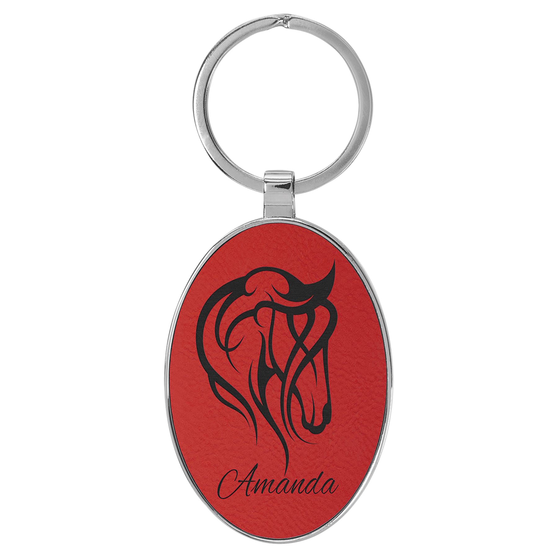 Oval Shaped Metal Keychain w/Leatherette, 3" x 1 3/4", Laser Engraved Keychain Craftworks NW Red/Black 1-Side 