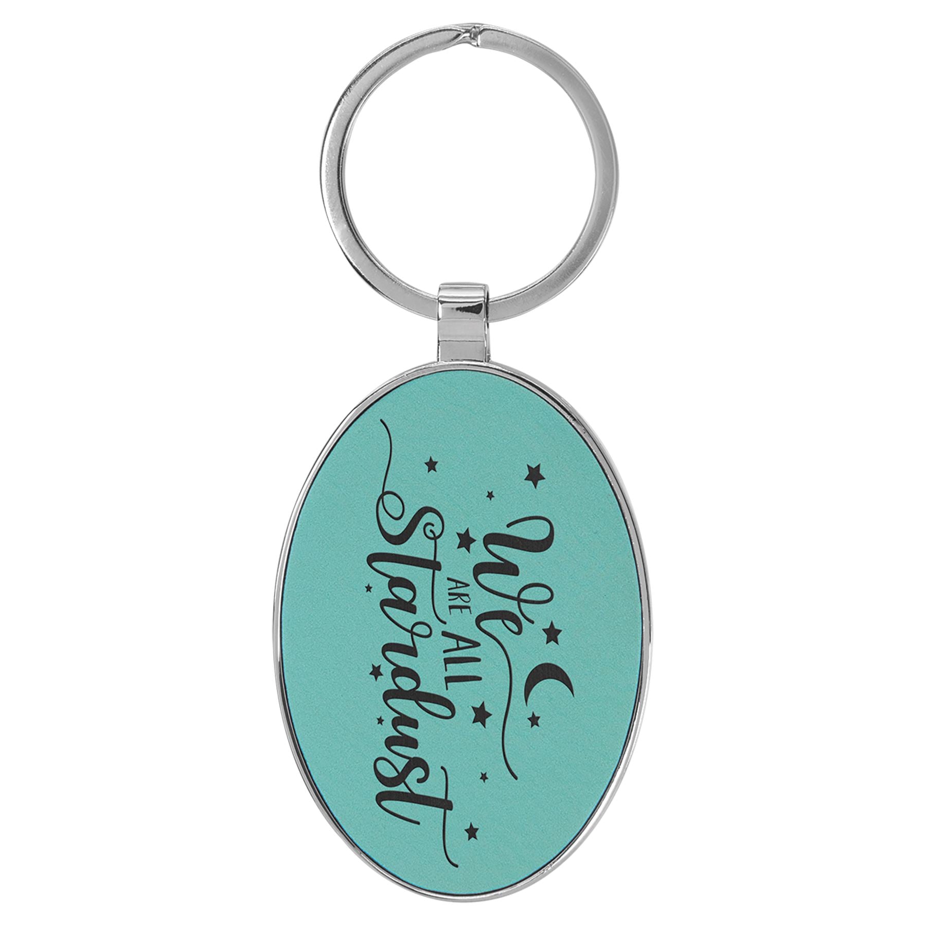 Oval Shaped Metal Keychain w/Leatherette, 3" x 1 3/4", Laser Engraved Keychain Craftworks NW Teal/Black 1-Side 