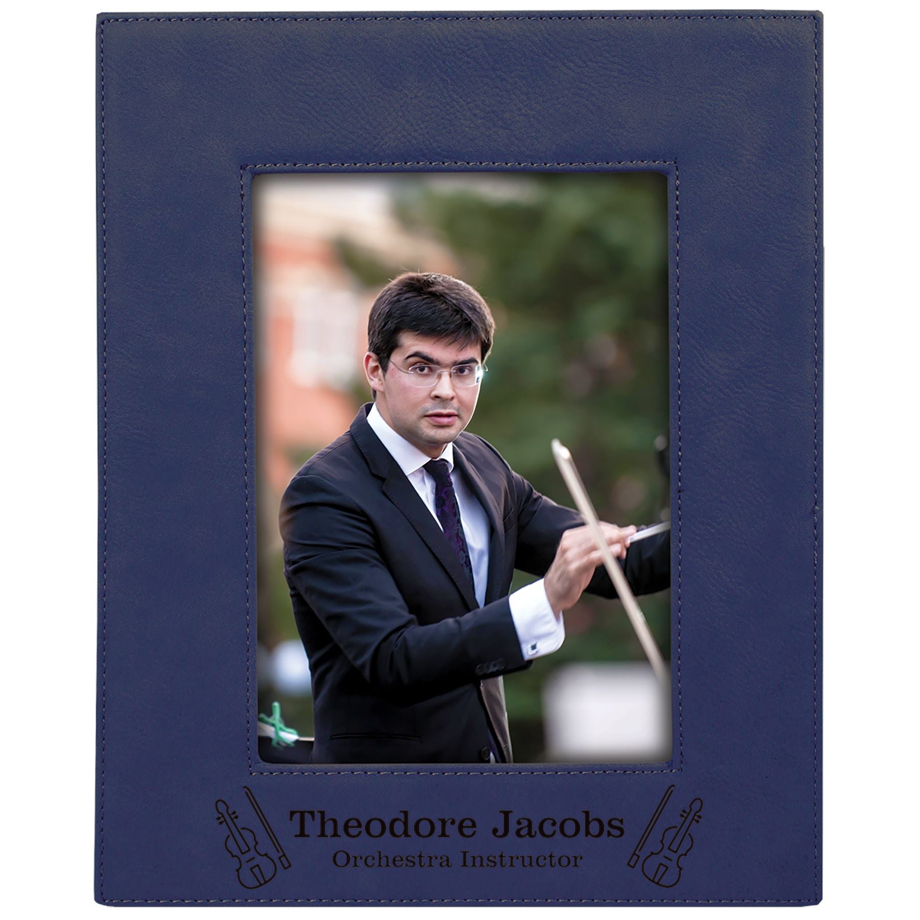 Photo Frame, 5" x 7" Laserable Leatherette, Laser Engraved Photo Frame Craftworks NW Blue/Black Portrait 