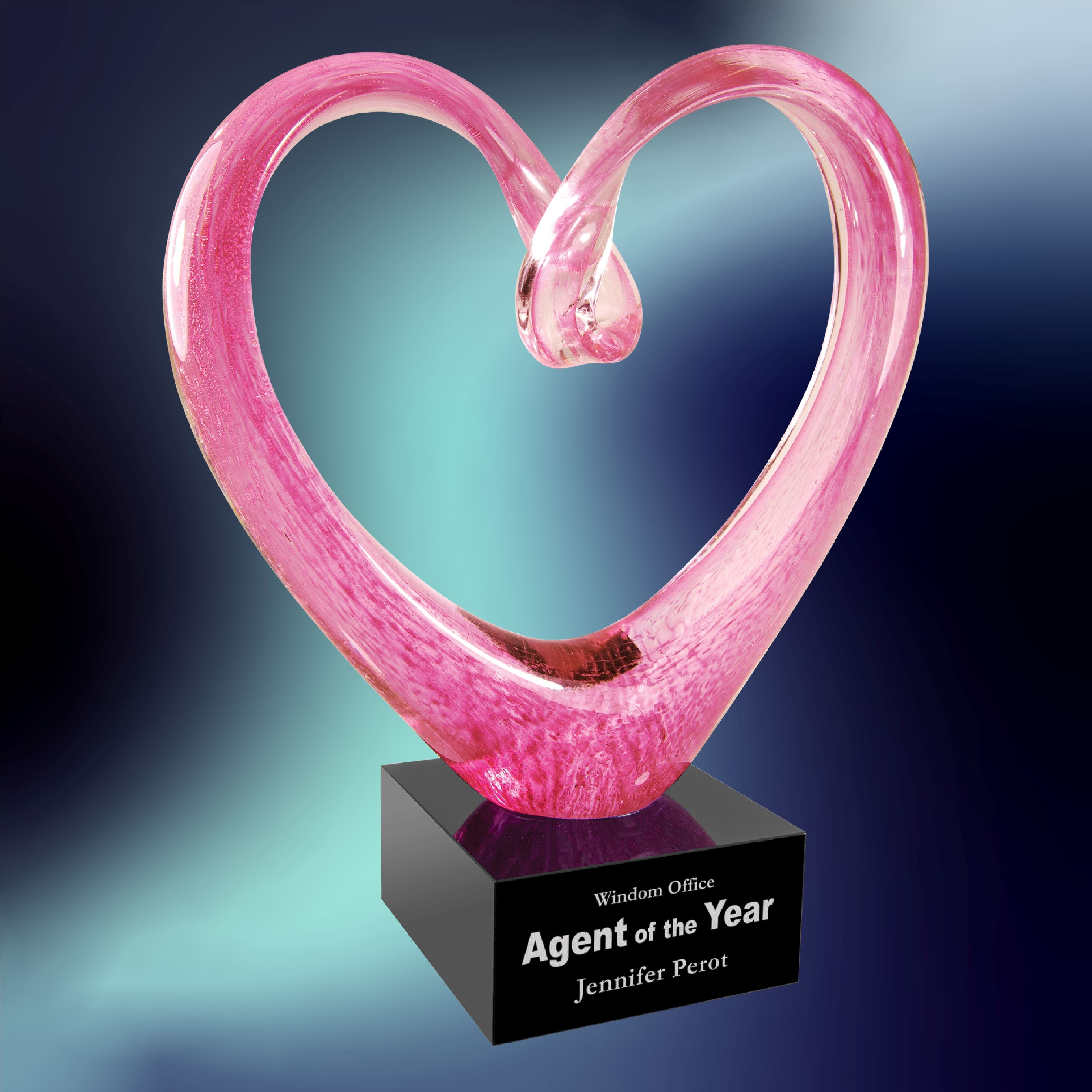 Pink Heart w/Black Base, 9" Art Glass Award, Laser Engraved Art Glass Craftworks NW 