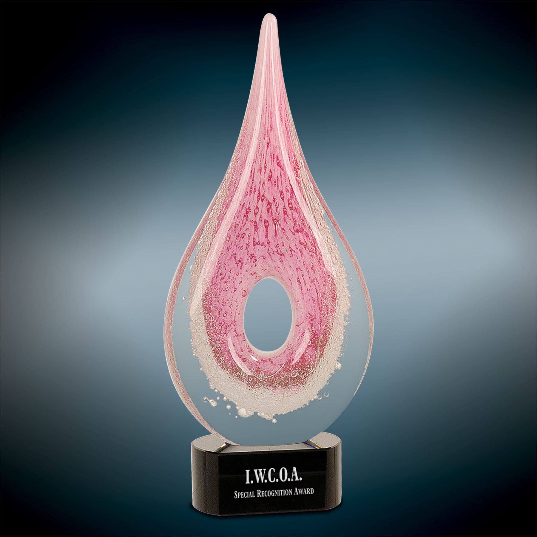 Pink Round Window Raindrop, 12" Art Glass Award, Laser Engraved Art Glass Craftworks NW 