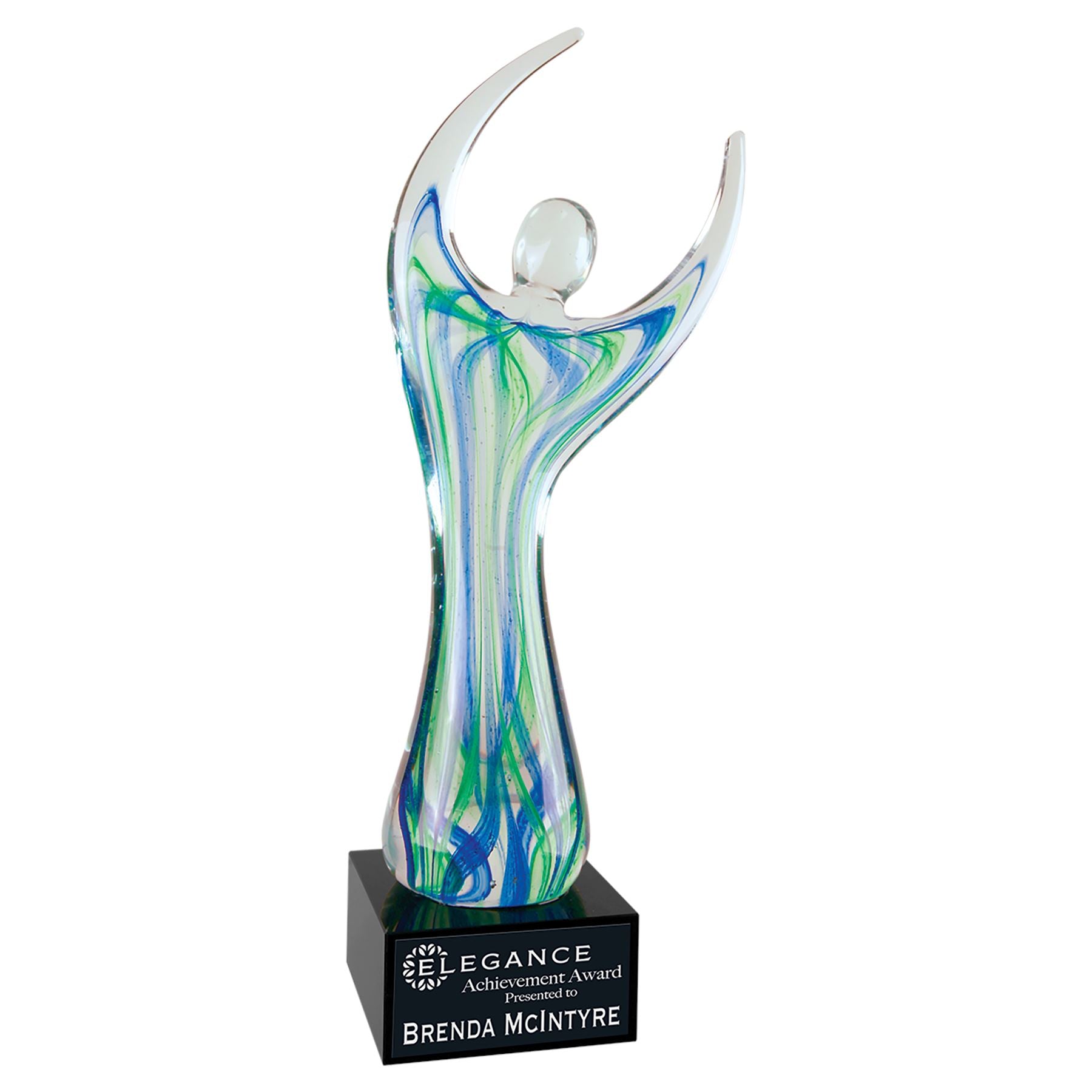 Raised Arms with Square Black Base, 12" Art Glass Award, Laser Engraved Art Glass Craftworks NW 