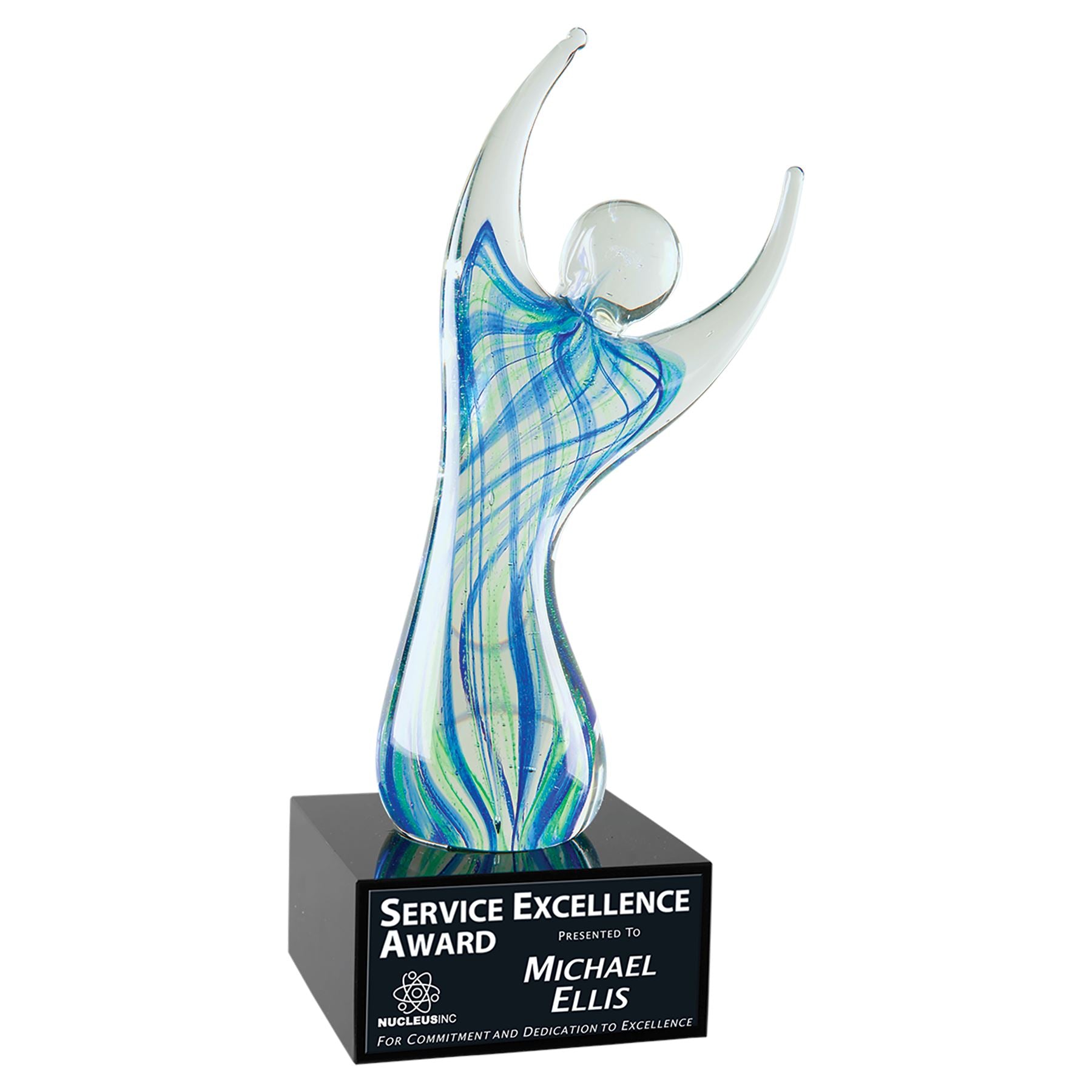 Raised Arms with Square Black Base, 9" Art Glass Award, Laser Engraved Art Glass Craftworks NW 