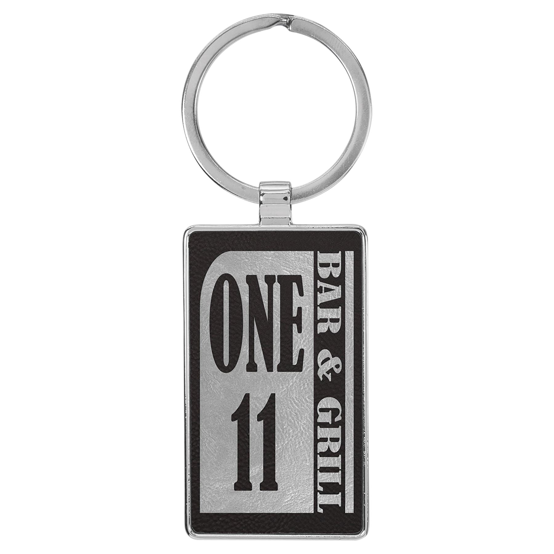 Rectangle Shaped Metal Keychain w/Leatherette, 2 3/4" x 1 1/4", Laser Engraved Keychain Craftworks NW Black/Silver 1-Side 