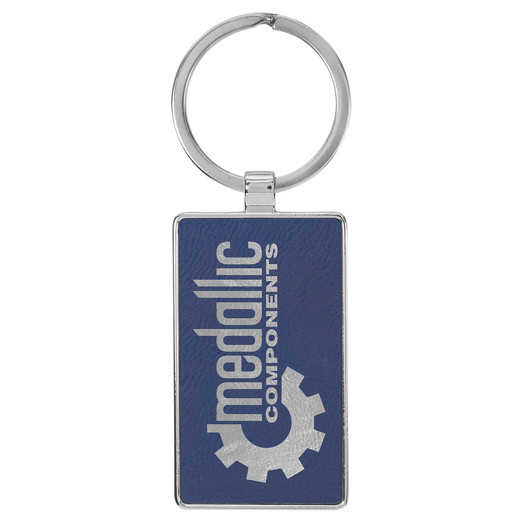 Rectangle Shaped Metal Keychain w/Leatherette, 2 3/4" x 1 1/4", Laser Engraved Keychain Craftworks NW Blue/Silver 1-Side 