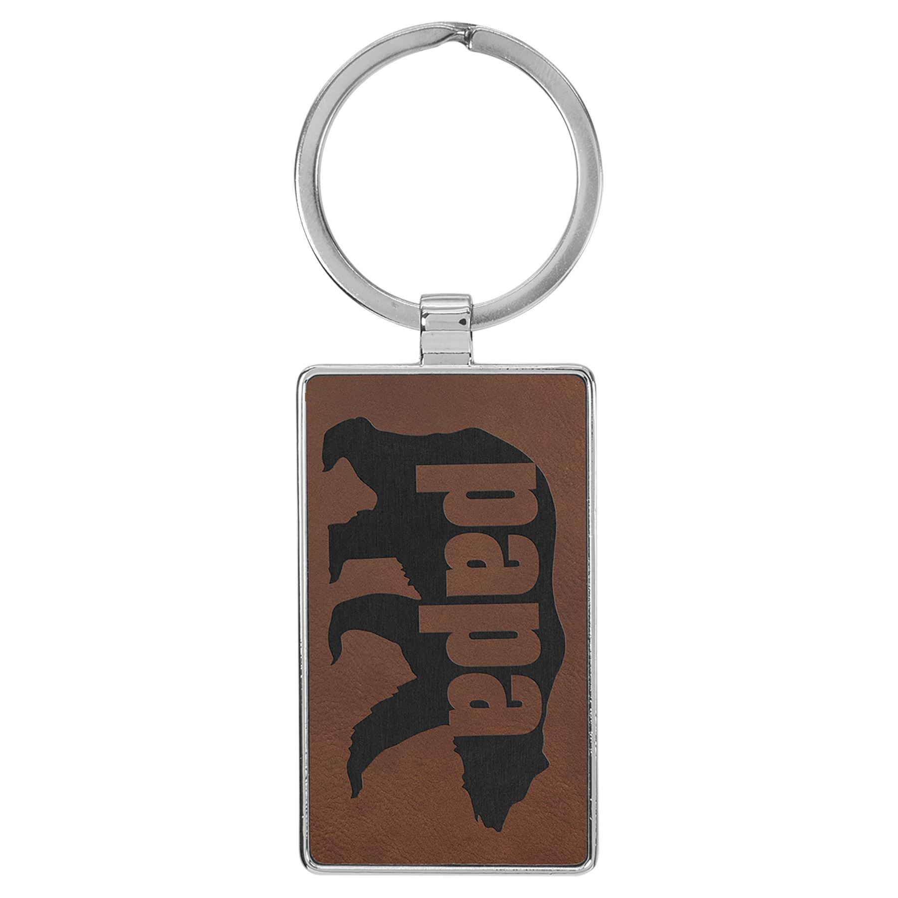 Rectangle Shaped Metal Keychain w/Leatherette, 2 3/4" x 1 1/4", Laser Engraved Keychain Craftworks NW Dark Brown/Black 1-Side 