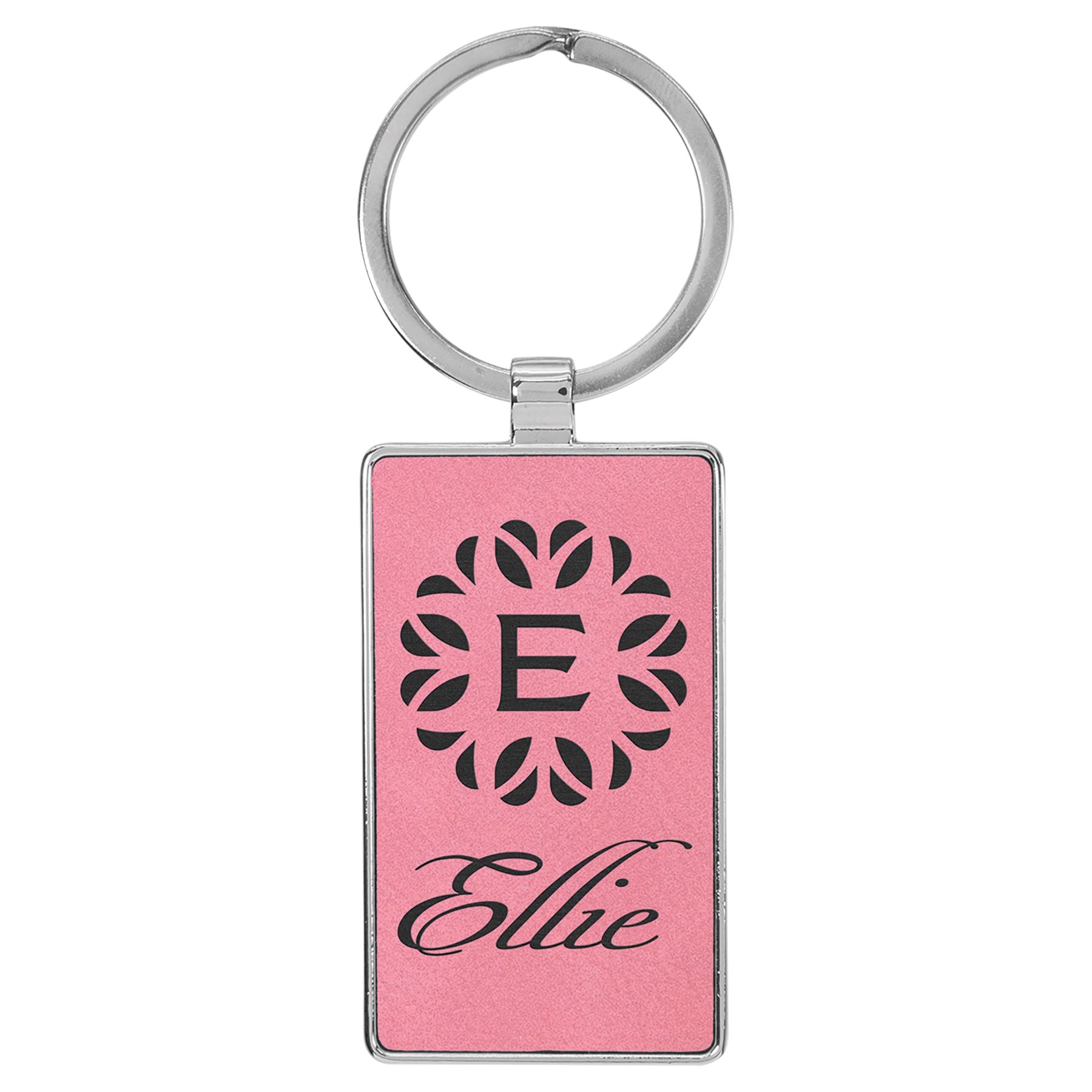 Rectangle Shaped Metal Keychain w/Leatherette, 2 3/4" x 1 1/4", Laser Engraved Keychain Craftworks NW Pink/Black 1-Side 
