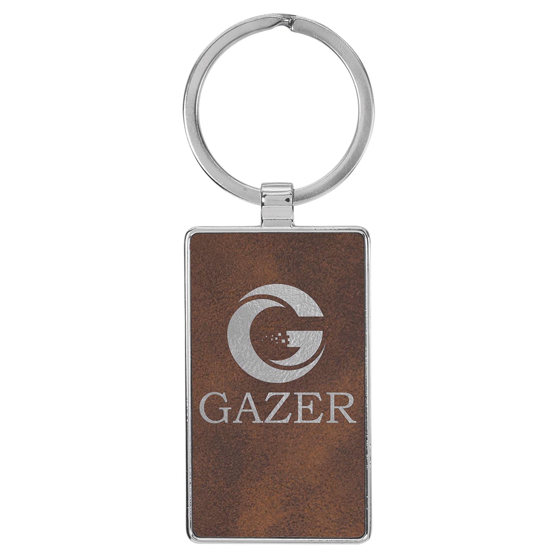 Rectangle Shaped Metal Keychain w/Leatherette, 2 3/4" x 1 1/4", Laser Engraved Keychain Craftworks NW Rustic/Silver 1-Side 