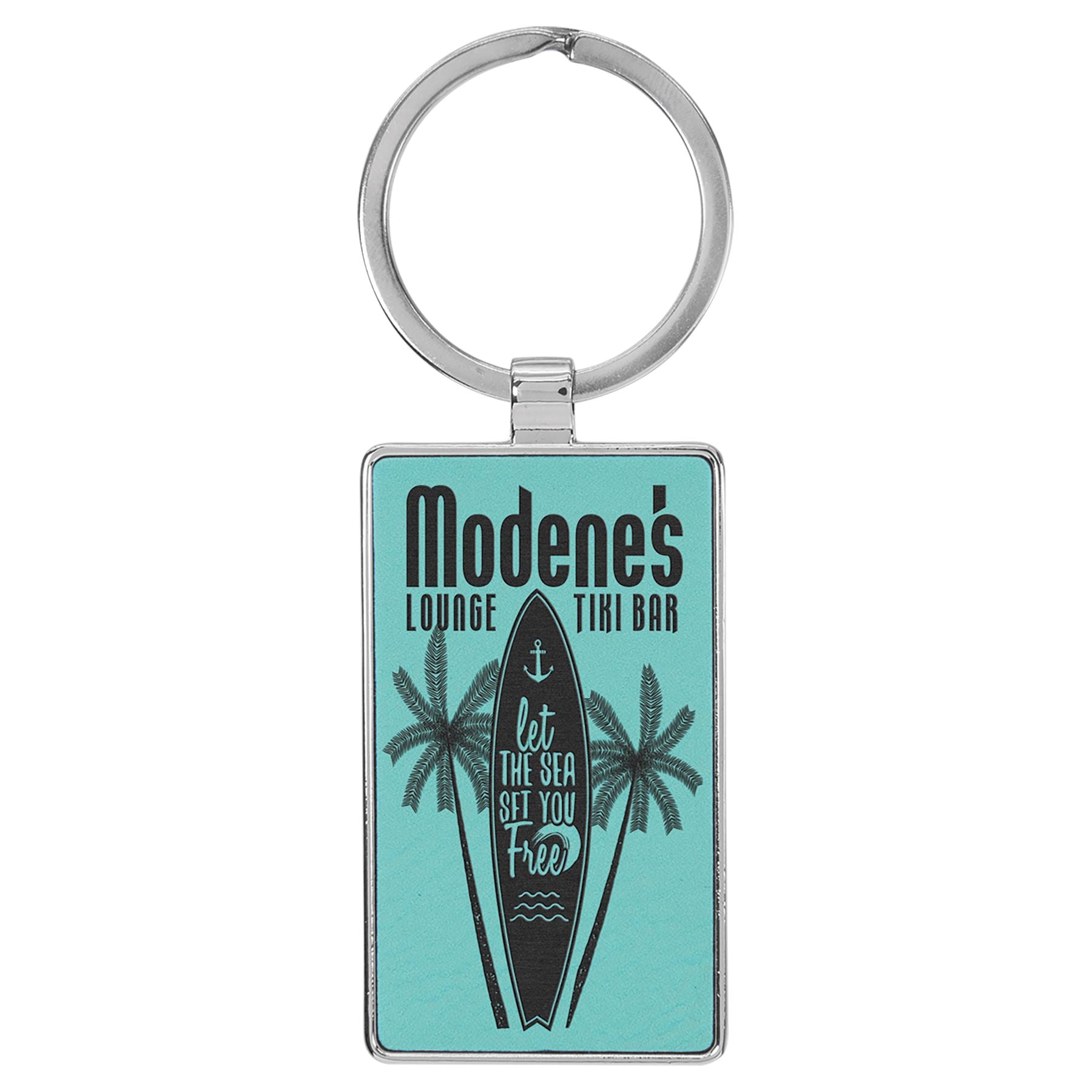 Rectangle Shaped Metal Keychain w/Leatherette, 2 3/4" x 1 1/4", Laser Engraved Keychain Craftworks NW Teal/Black 1-Side 