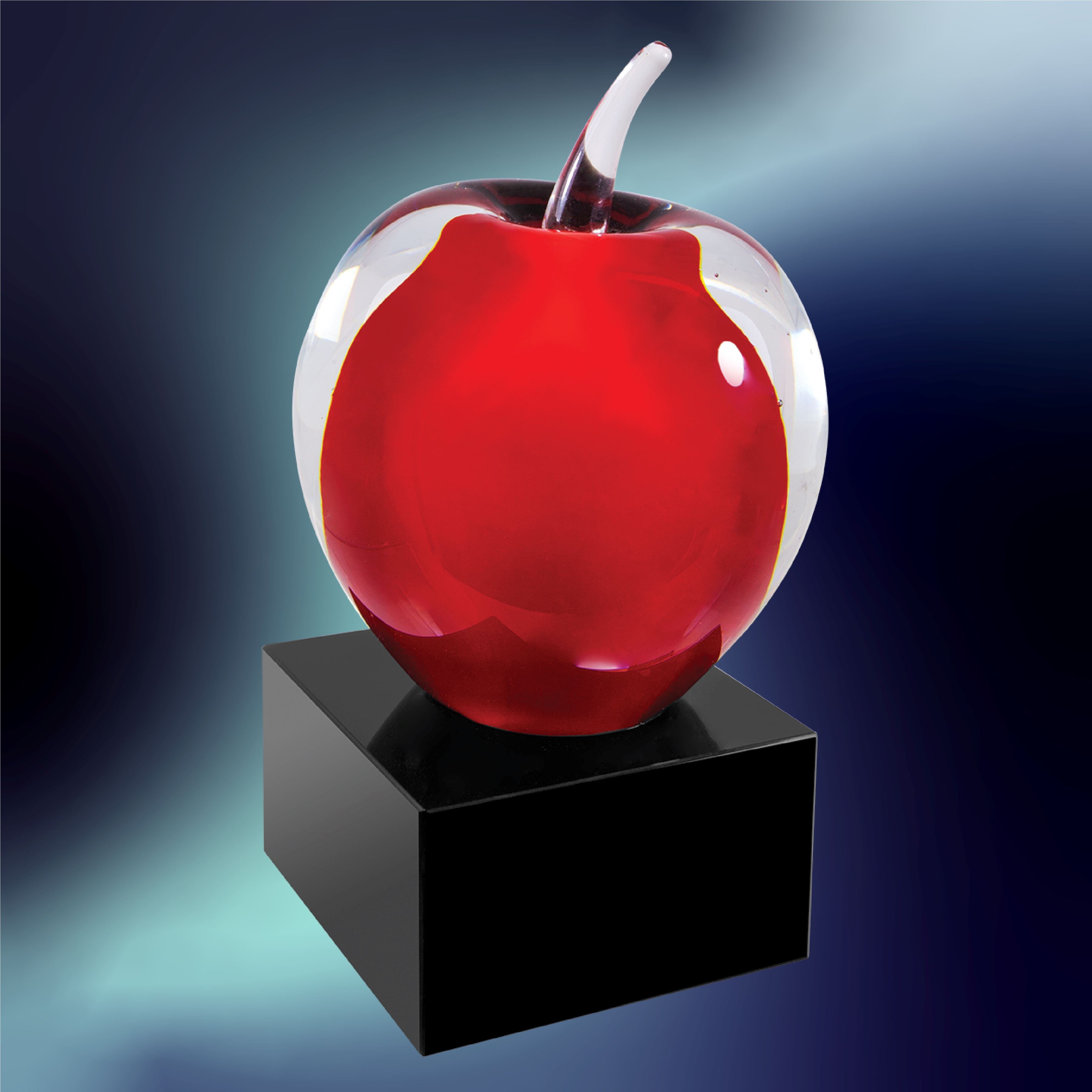 Red & Clear Glass Apple w/Black Base, 5-3/4" Art Glass Award, Laser Engraved Art Glass Craftworks NW 