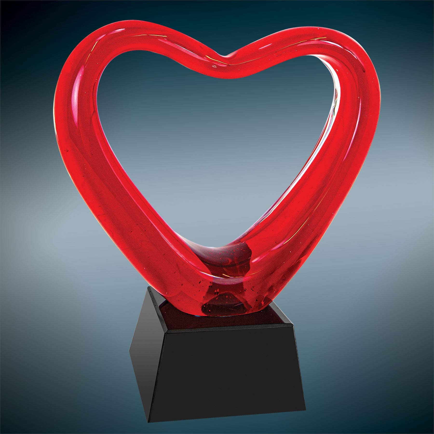 Red Heart w/Black Base, 6-1/2" Art Glass Award, Laser Engraved Art Glass Craftworks NW 