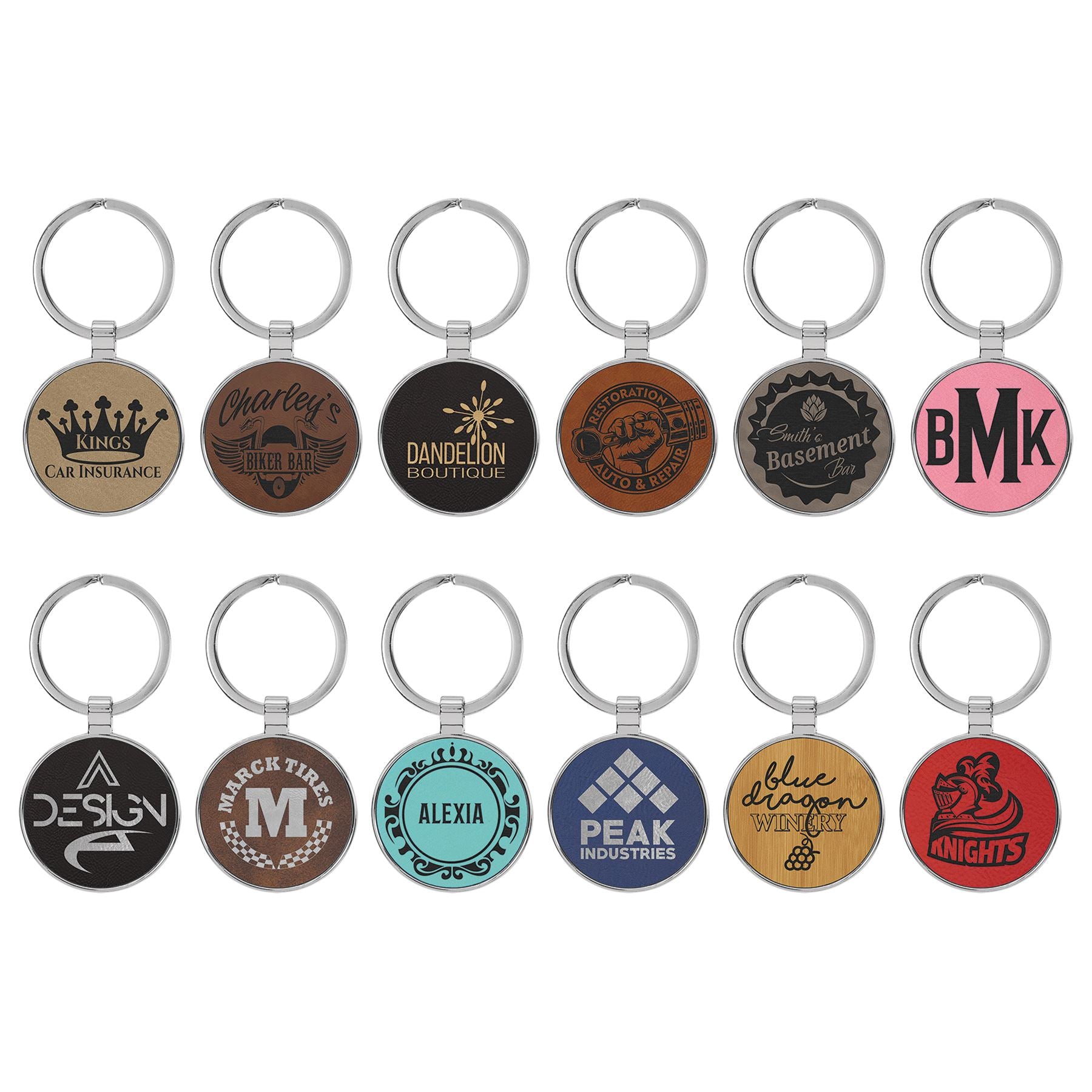 Round Shaped Metal Keychain w/Leatherette, 3" x 1 3/4", Laser Engraved Keychain Craftworks NW 