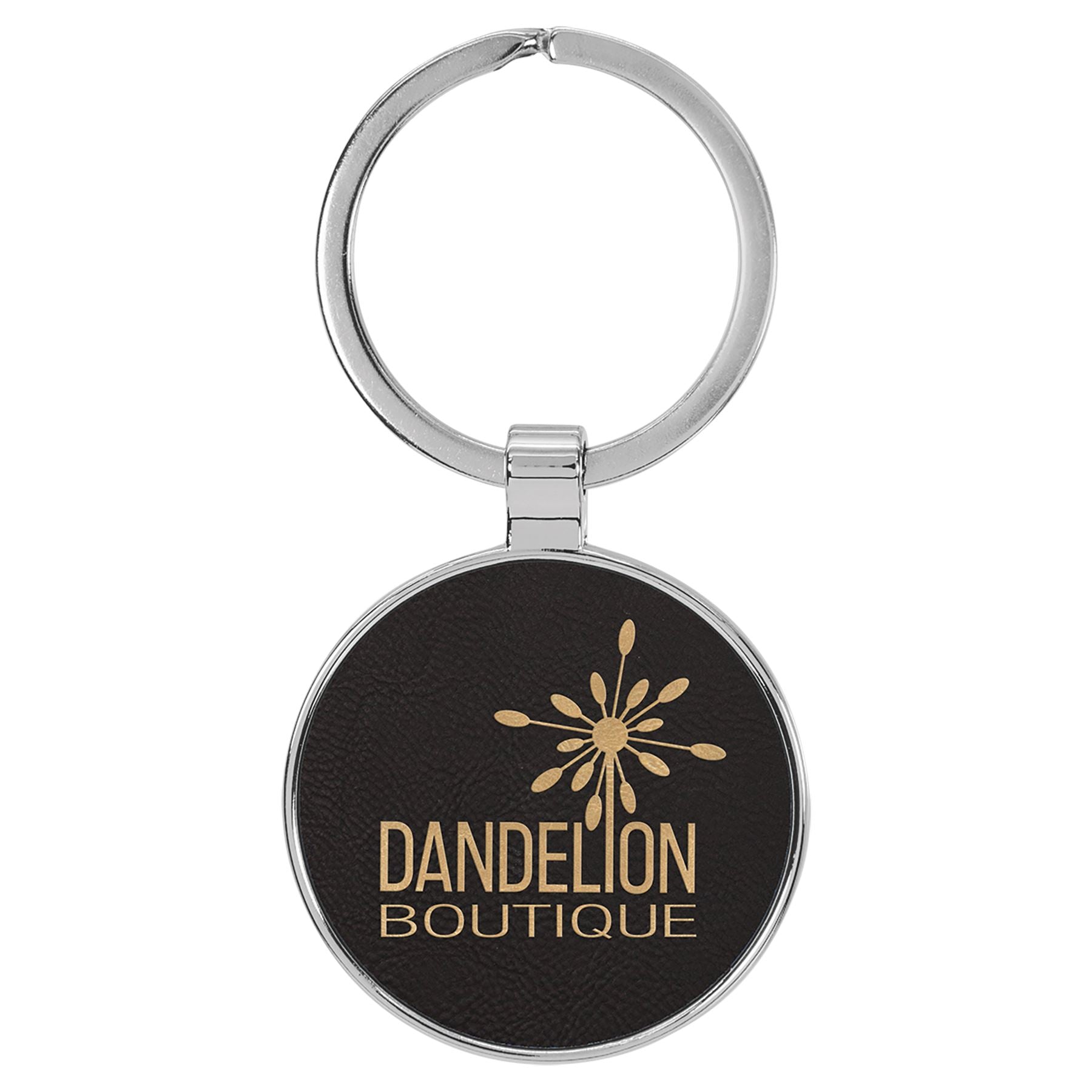 Round Shaped Metal Keychain w/Leatherette, 3" x 1 3/4", Laser Engraved Keychain Craftworks NW Black/Gold 1-Side 