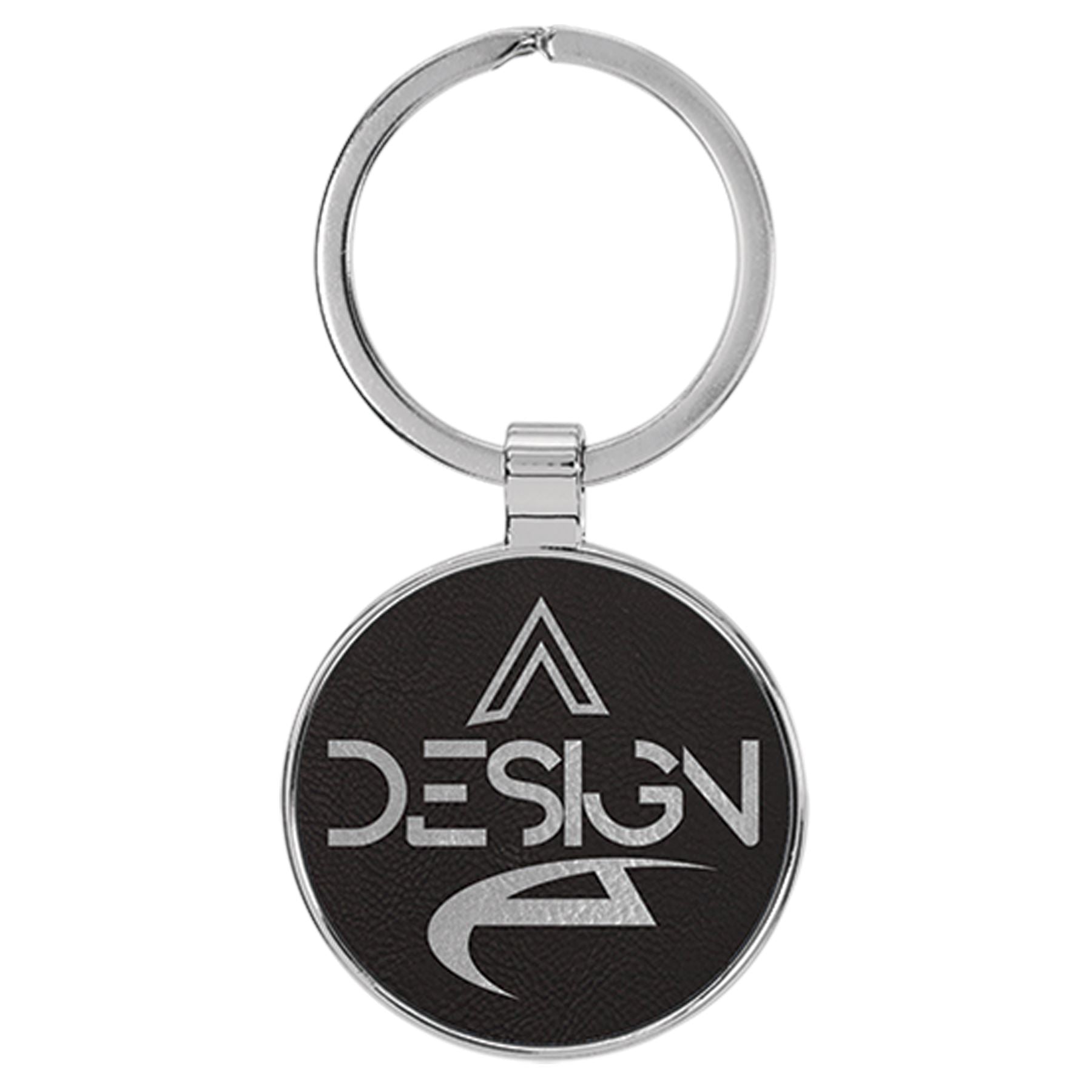Round Shaped Metal Keychain w/Leatherette, 3" x 1 3/4", Laser Engraved Keychain Craftworks NW Black/Silver 1-Side 