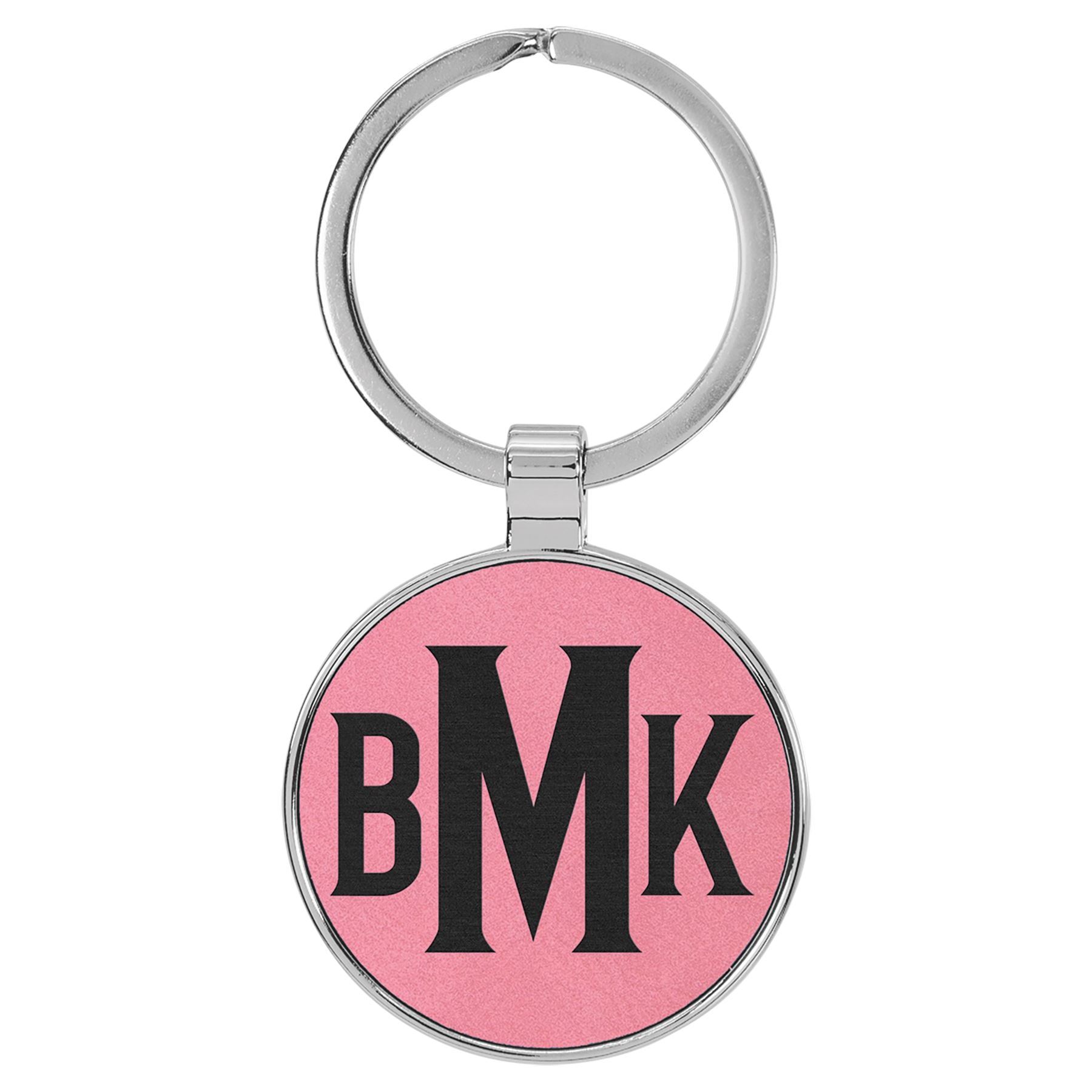 Round Shaped Metal Keychain w/Leatherette, 3" x 1 3/4", Laser Engraved Keychain Craftworks NW Pink/Black 1-Side 