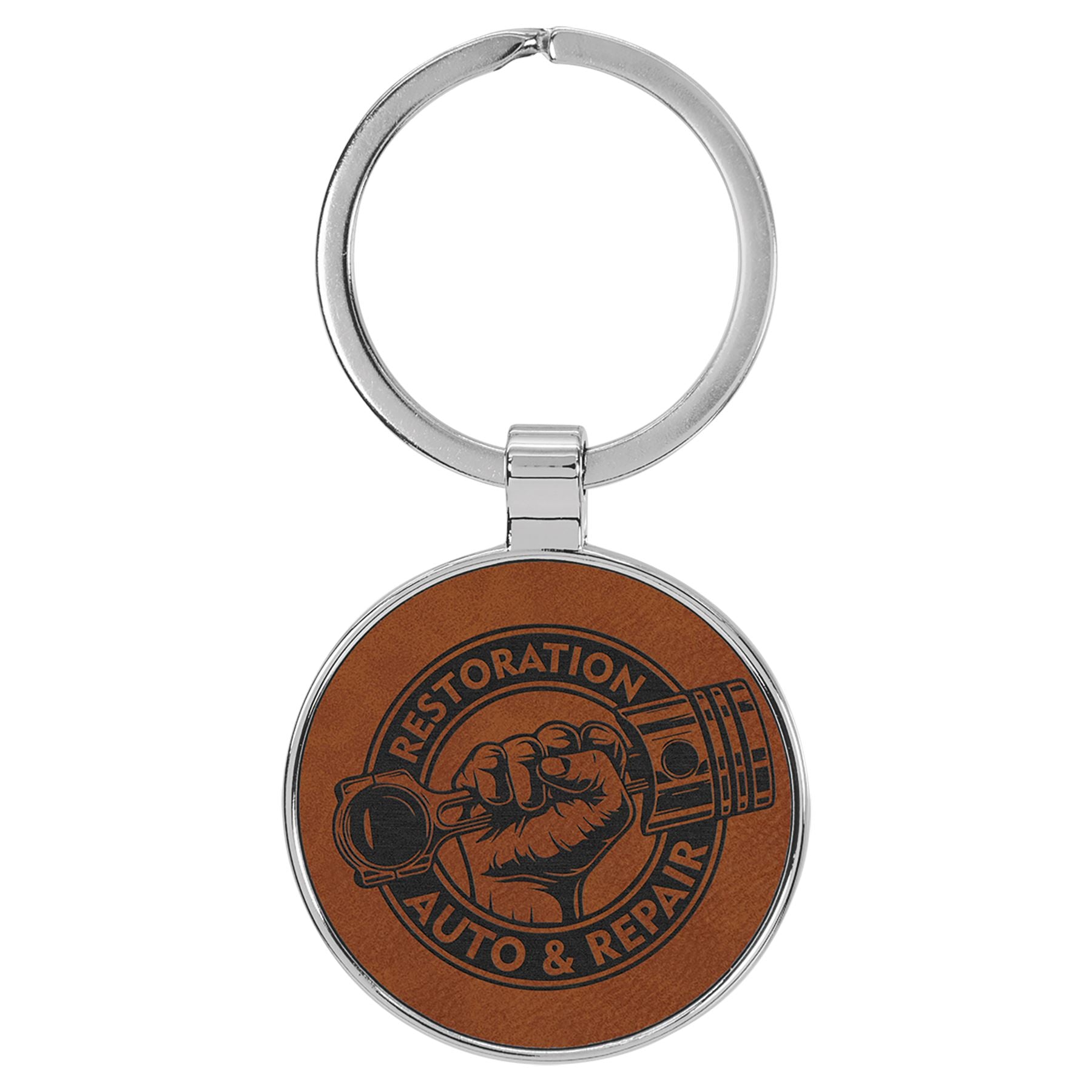 Round Shaped Metal Keychain w/Leatherette, 3" x 1 3/4", Laser Engraved Keychain Craftworks NW Rawhide/Black 1-Side 