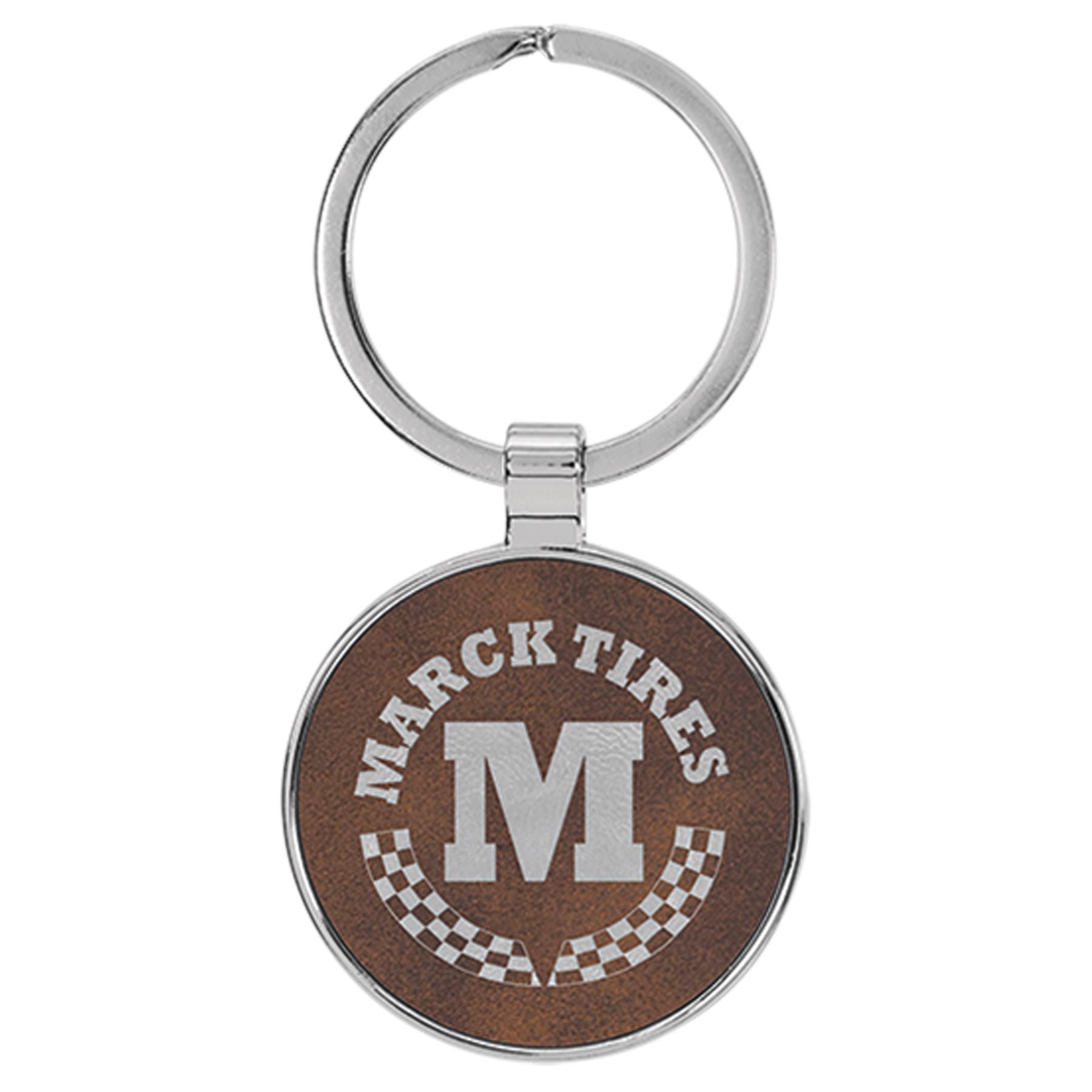 Round Shaped Metal Keychain w/Leatherette, 3" x 1 3/4", Laser Engraved Keychain Craftworks NW Rustic/Silver 1-Side 