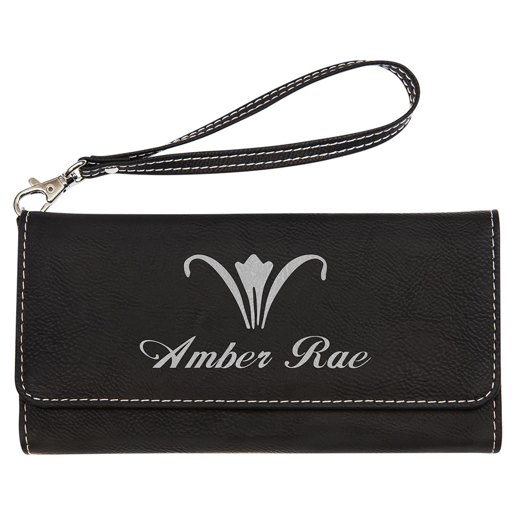 Wallet w/Strap, Laserable Leatherette, Laser Engraved Wallets Craftworks NW Black/Silver Front Only Small