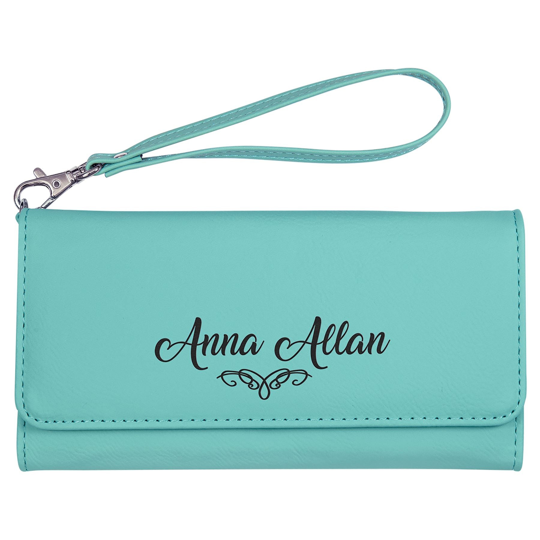 Wallet w/Strap, Laserable Leatherette, Laser Engraved Wallets Craftworks NW Teal/Black Front Only Small